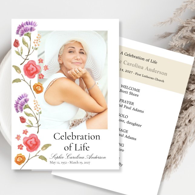 Printable Side Floral Celebration of Life Program Invitation (Creator Uploaded)