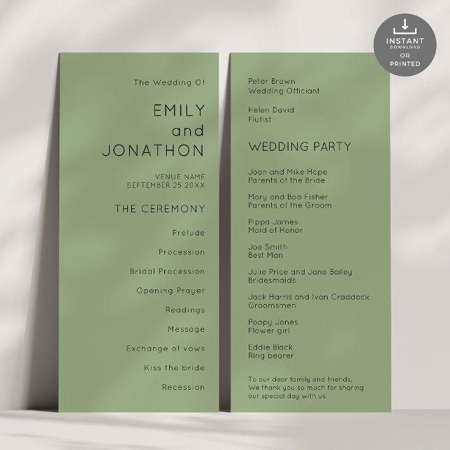 Printable Simple Text Sage Green Wedding Program Card (Front and back view)