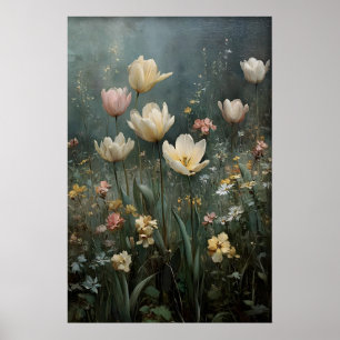 Printable Tulips Wall Art, Antique Spring Meadow Poster