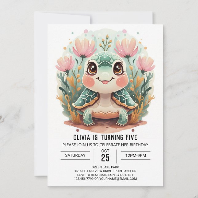 Printable Underwater Turtle Girl Birthday Invitation (Front)