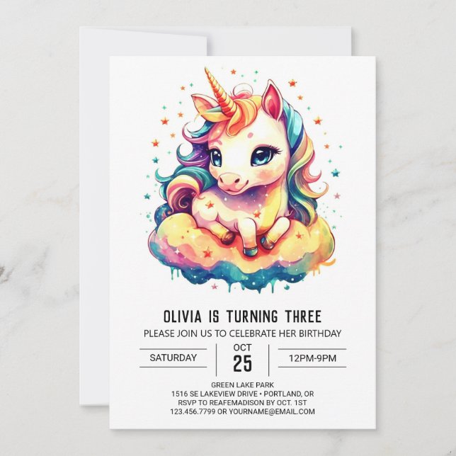Printable Unicorn Birthday Whimsy Invitation (Front)