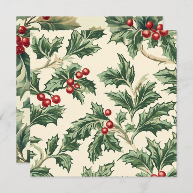 Printable Vintage Christmas Holly Pattern Paper Invitation (Front/Back)