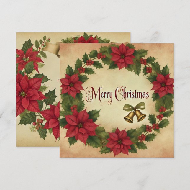 Printable Vintage Christmas Poinsettia Wreath Invitation (Front/Back)