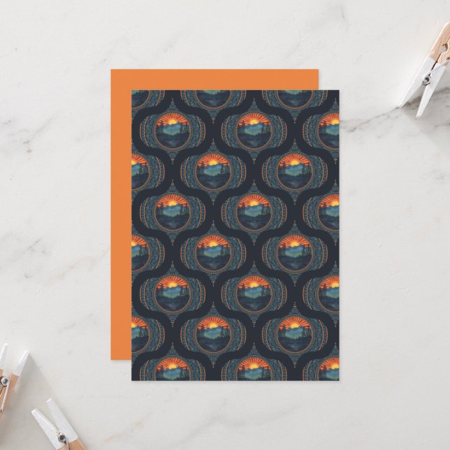 Printable Vintage Wilderness Sunset Mandala Ogee Invitation (Front/Back In Situ)