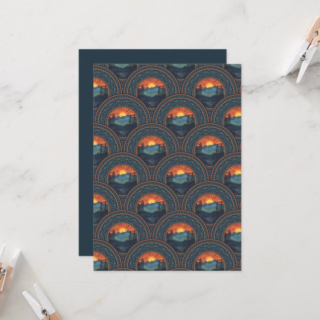 Printable Vintage Wilderness Sunset Mandala Scales Invitation (Front/Back In Situ)