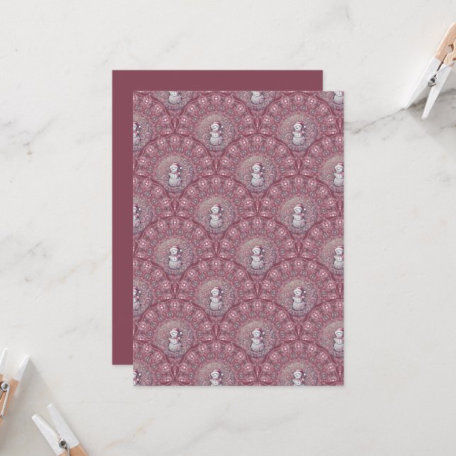 Printable Whimsical Pink Snowman Mandala Scallop Invitation (Front/Back In Situ)