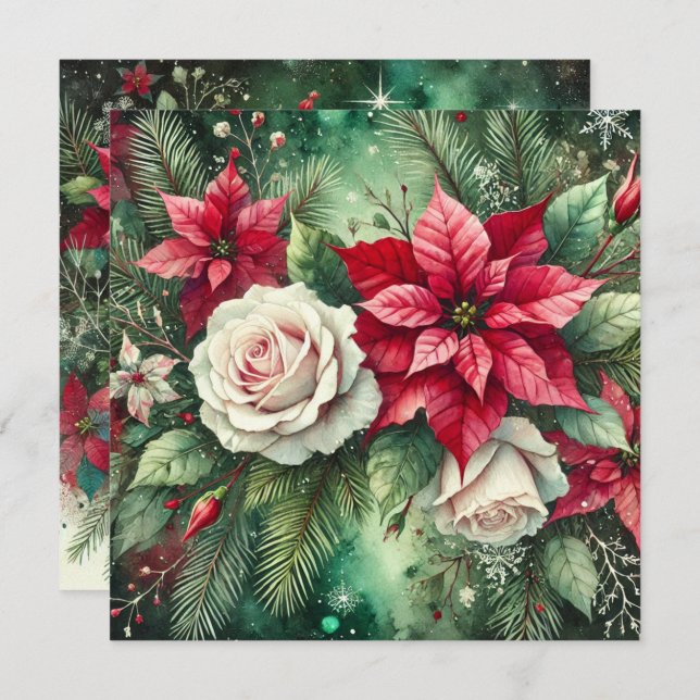 Printable Whimsical Winter Poinsettia Evergreen Invitation (Front/Back)