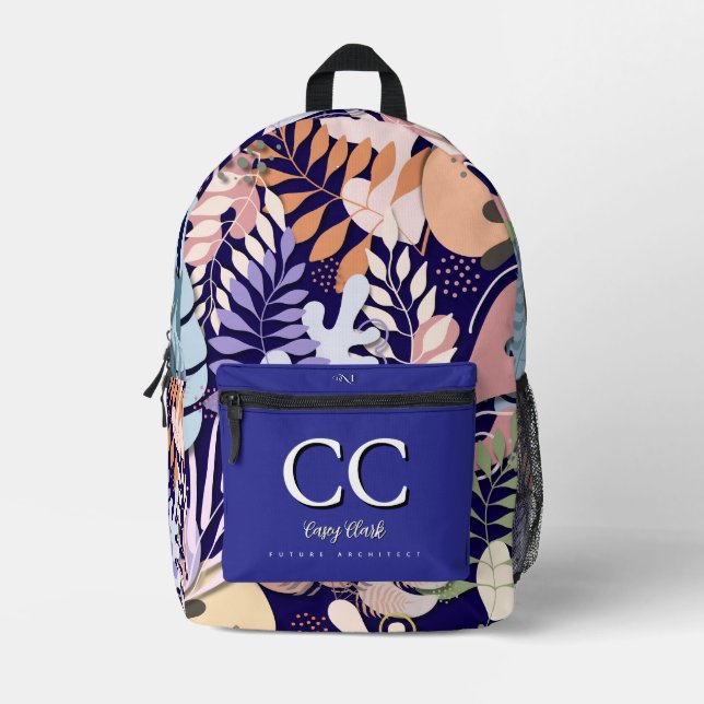 Printed Backpack : Abstract Leaves (dark blue) (Front)