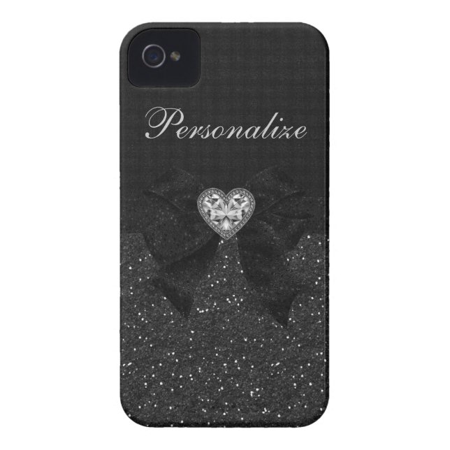 Printed Black Glitter, Diamond Heart & Bow Case-Mate iPhone Case (Back)