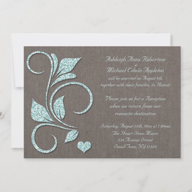 Printed Blue Glitter Rustic Reception ONLY Invitation (Front)