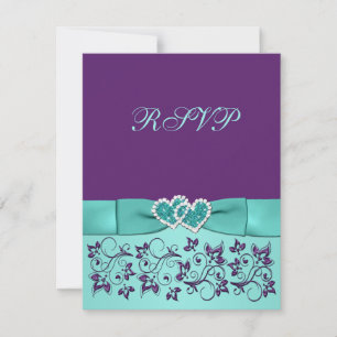 PRINTED BOW Aqua, Purple Floral Wedding RSVP card