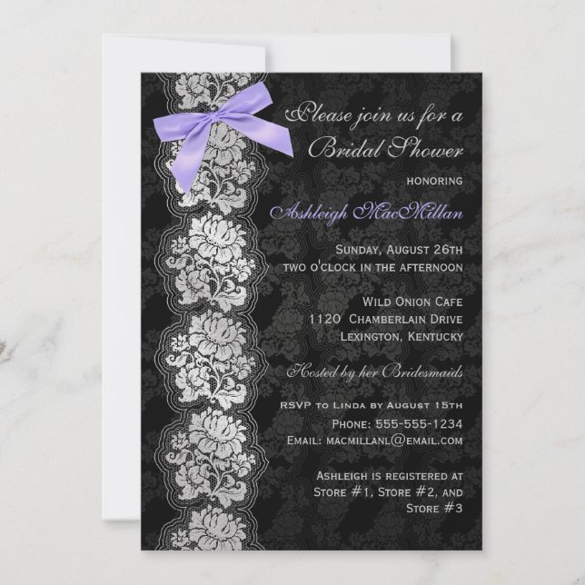 PRINTED BOW Black Floral Lace Bridal Shower Invite (Front)