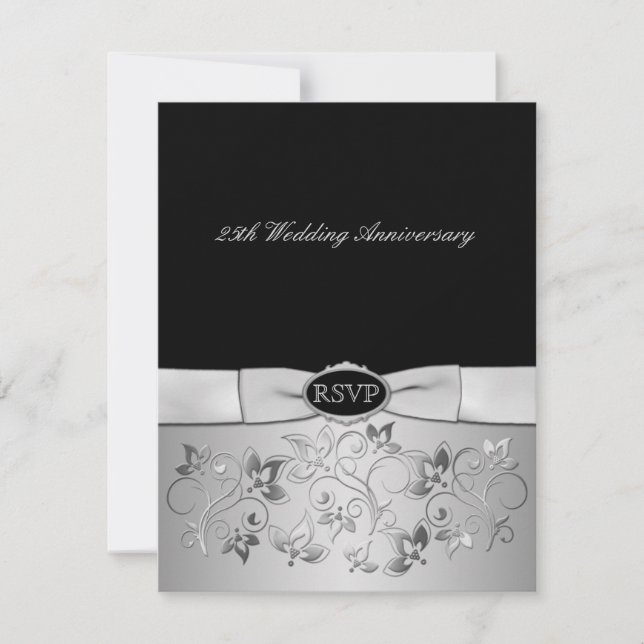 PRINTED BOW Black, Silver Grey RSVP Card (Front)