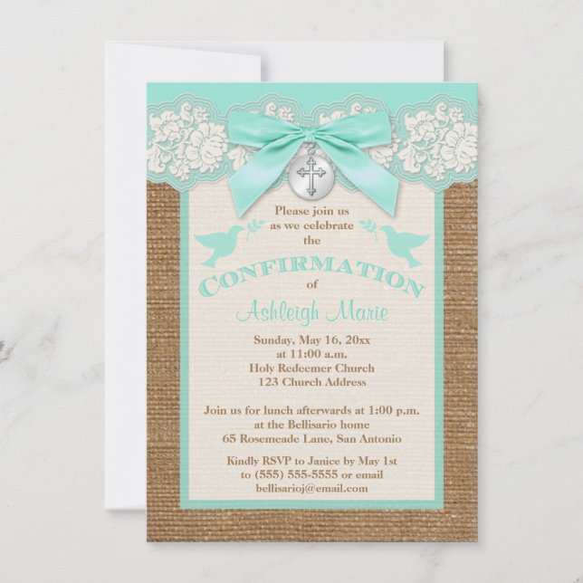 PRINTED BOW & CHARM Aqua Confirmation Invite (Front)