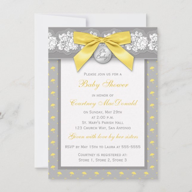 PRINTED BOW Grey Floral Lace Baby Shower Invite (Front)