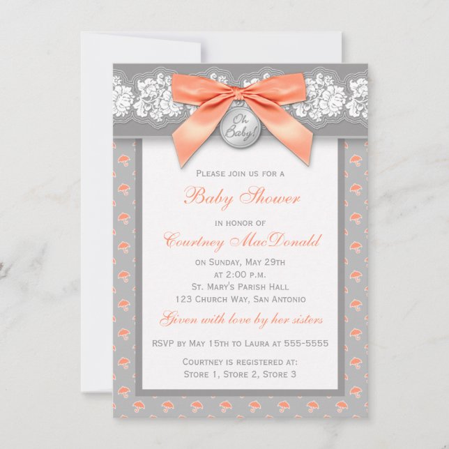 PRINTED BOW Grey Floral Lace Baby Shower Invite (Front)