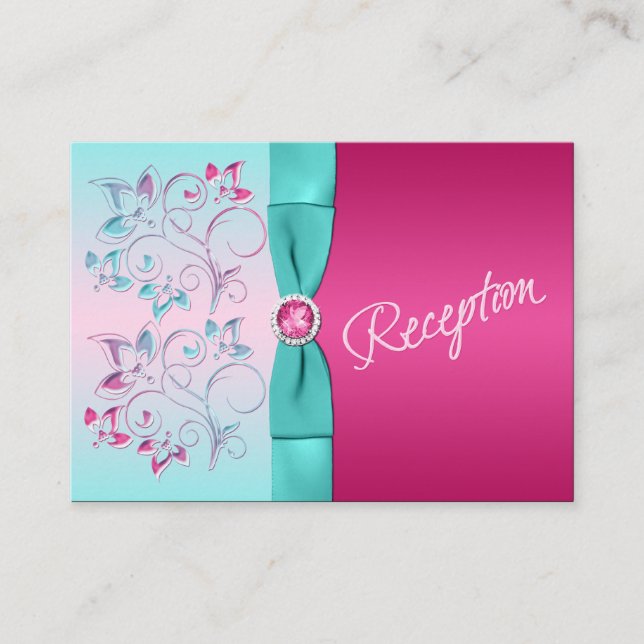 PRINTED BOW Hot Pink, Aqua Floral Enclosure Card (Front)