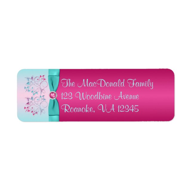 PRINTED BOW Pink, Aqua Floral Return Address Label (Front)