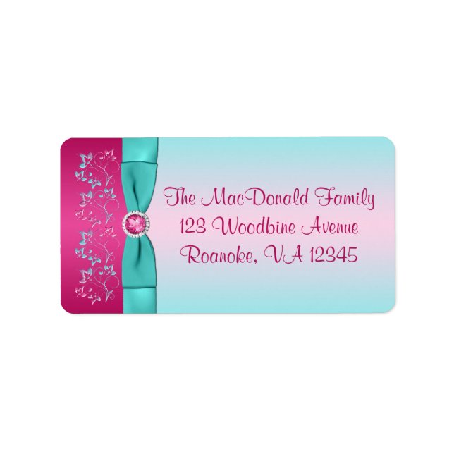 PRINTED BOW Pink, Aqua Floral Return Address Label (Front)