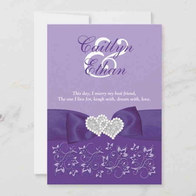 PRINTED BOW Purple White Floral Wedding Invitation (Front)