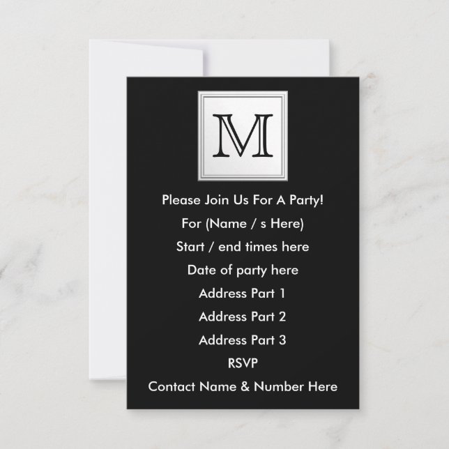 Printed Custom Monogram. Black and Pale Grey. Invitation (Front)