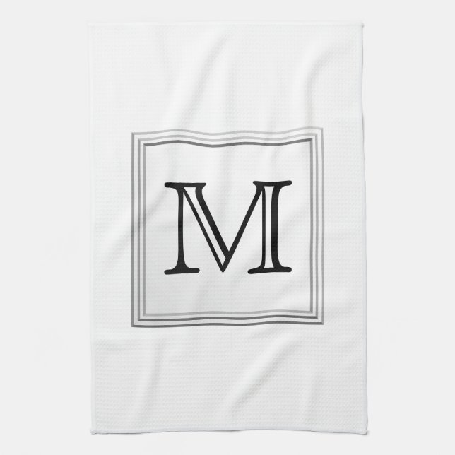 Printed Custom Monogram. Black and White. Tea Towel (Vertical)