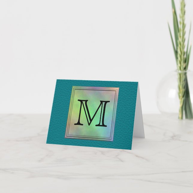Printed Custom Monogram Image on Teal Pattern. Note Card (Front)