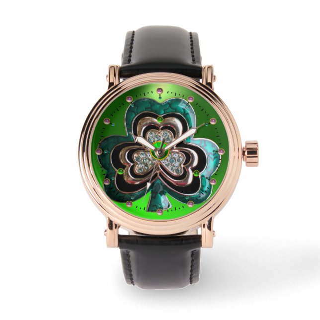 PRINTED EMERALD GREEN SHAMROCK JEWEL WITH GEMS WATCH (Front)