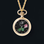 PRINTED ENAMEL ROSEBUD JEWEL AND DIAMONDS MONOGRAM WATCH<br><div class="desc">Elegant floral design with pink rosebud with diamonds and 3D pink gemstones.</div>