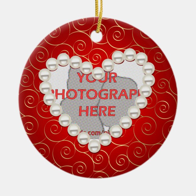Printed Faux pearl red and gold anniversary Ceramic Tree Decoration (Front)