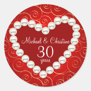 Printed Faux pearl red and gold anniversary Classic Round Sticker