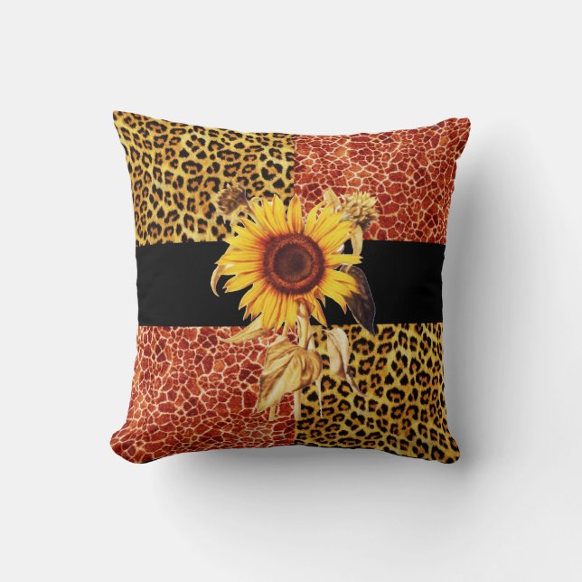 PRINTED GIRAFFE, LEOPARD FUR AND SUNFLOWER CUSHION (Front)