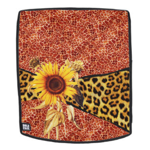 PRINTED GIRAFFE, LEOPARD FUR RIBBON AND SUFLOWER BACKPACK