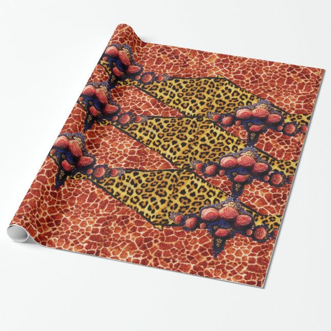 PRINTED GIRAFFE,LEOPARD FUR RIBBON,RED CORAL ROSES WRAPPING PAPER (Unrolled)