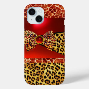 PRINTED GIRAFFE LEOPARD SKIN BOW,RED RUBY GEMSTONE iPhone 15 CASE