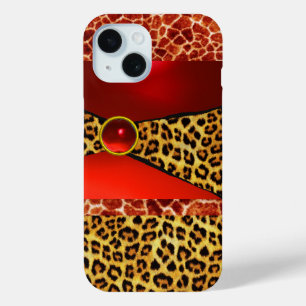 PRINTED GIRAFFE LEOPARD SKIN RED RUBY GEMSTONE iPhone 15 CASE