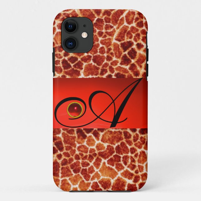 PRINTED GIRAFFE SKIN RED RUBY GEMSTONE MONOGRAM, Case-Mate iPhone CASE (Back)