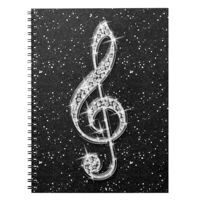 Printed Glitzy Sparkly Diamond Music Note Spiral Notebook (Front)