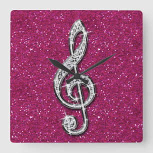 Printed Glitzy Sparkly Diamond Music Note Square Wall Clock