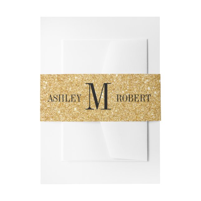 Printed Gold Glitter Monogram Wedding Invitation Belly Band (Front Example)