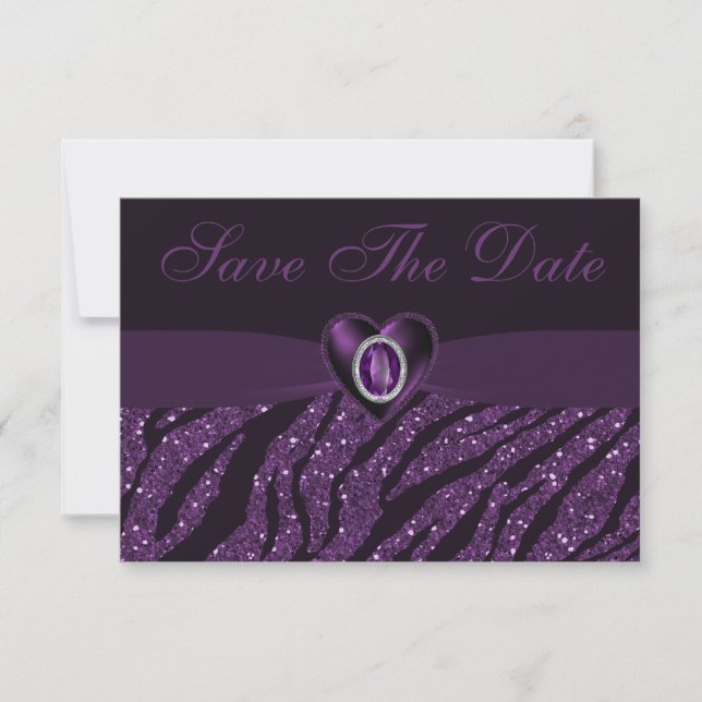 Printed Jewel Heart & Glitter Save the Date (Front)