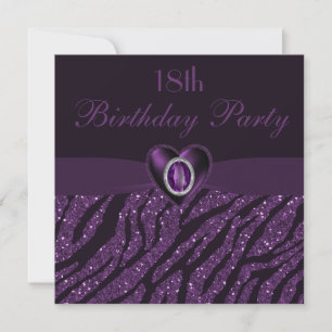 Printed Jewel Heart & Zebra Glitter 18th Birthday Invitation