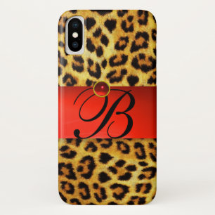 PRINTED LEOPARD FUR RED RUBY GEMSTONE MONOGRAM, Case-Mate iPhone CASE