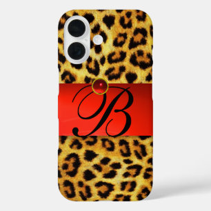 PRINTED LEOPARD FUR RED RUBY GEMSTONE MONOGRAM, iPhone 16 CASE