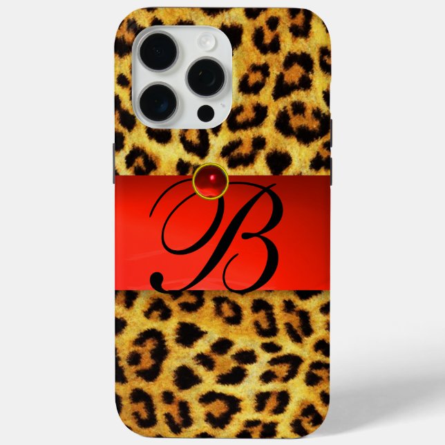 PRINTED LEOPARD FUR RED RUBY GEMSTONE MONOGRAM, Case-Mate iPhone CASE (Back)