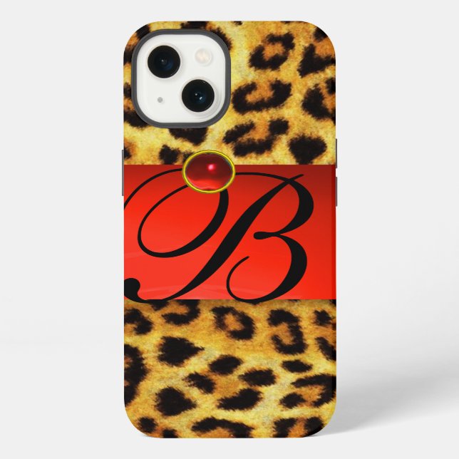 PRINTED LEOPARD FUR RED RUBY GEMSTONE MONOGRAM, iPhone CASE (Back)