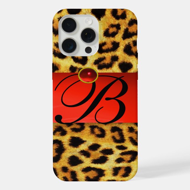 PRINTED LEOPARD FUR RED RUBY GEMSTONE MONOGRAM, iPhone CASE (Back)
