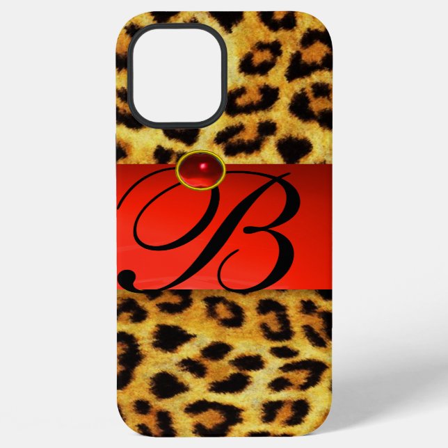 PRINTED LEOPARD FUR RED RUBY GEMSTONE MONOGRAM, iPhone CASE (Back)