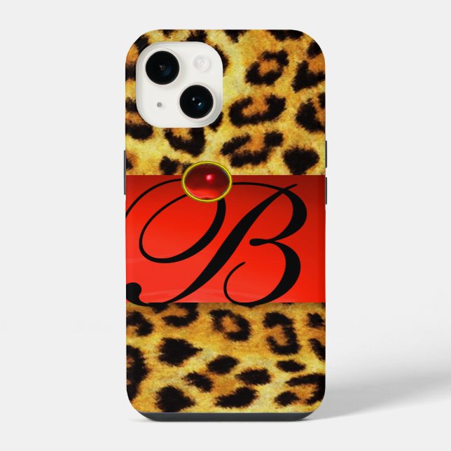 PRINTED LEOPARD FUR RED RUBY GEMSTONE MONOGRAM, iPhone CASE (Back)