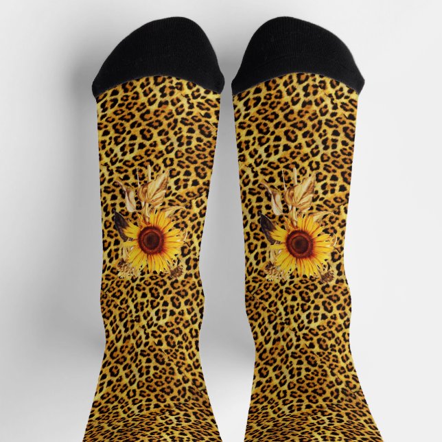 PRINTED LEOPARD FUR RIBBON AND SUFLOWERS SOCKS (Top)